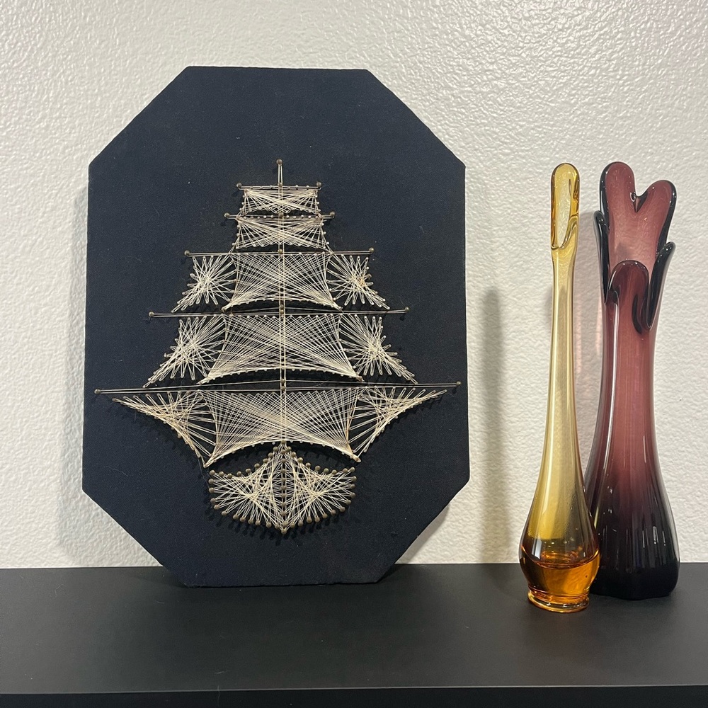 ⭐️SOLD⭐️ String Art Ship on Black Canvas